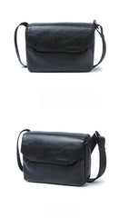 Black Leather Messenger Bag with Flap 