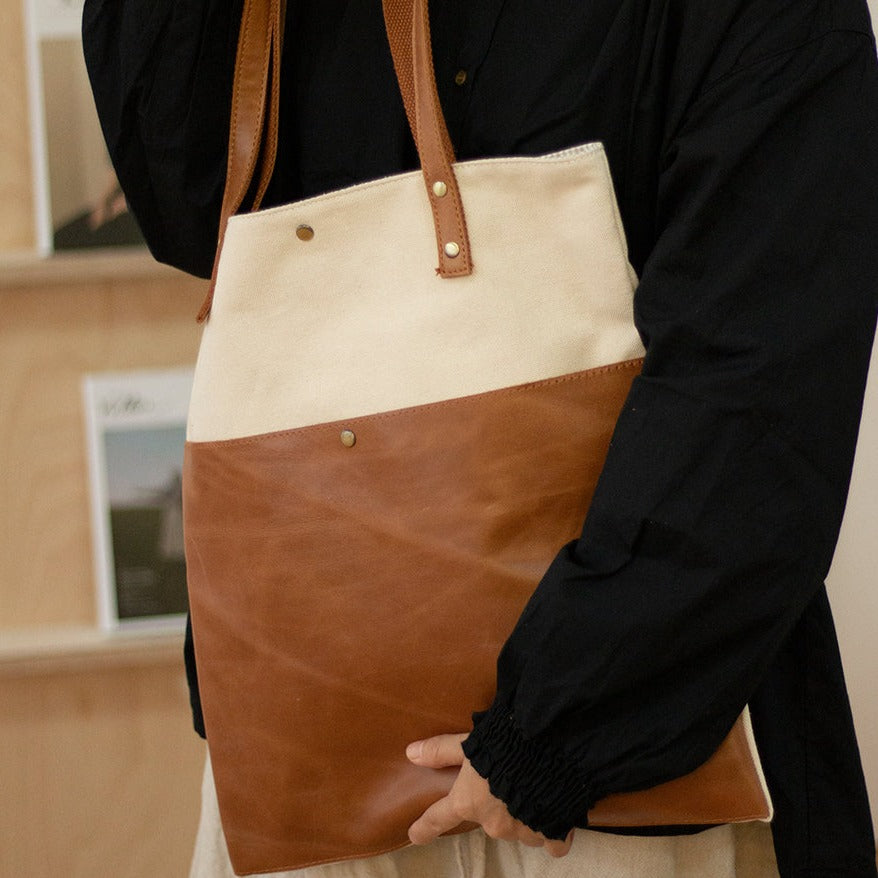 White&Brown Canvas Tote Bags Canvas Leather Handbags Womens Canvas Leather Tote Bag for Men