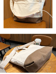 White&Khaki Canvas Shoulder Tote Bag