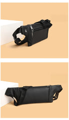 Black leather waist bag three-quarter front and back views near white block, tan background