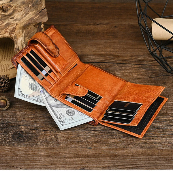 Brown Vertical Leather Wallet with Buckle for Men