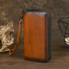 Leather Double Zip Around Wallet for Men 
