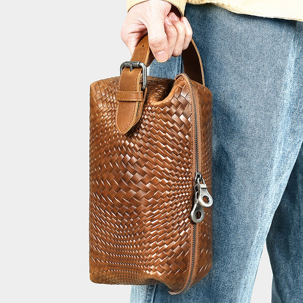 Braided Pattern Leather Toiletry Bag Men's Brown Leather Toiletry Bag Full Grain Leather Toiletry Bag - iwalletsmen