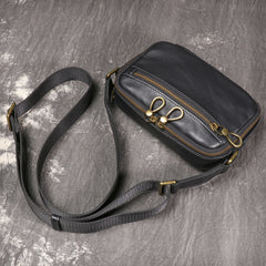 Black Small Messenger Bag Men's Black Leather Messenger Bag Small Black Leather Crossbody Bag