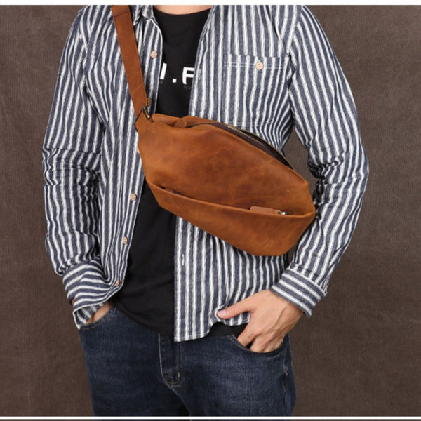 Cool Sling Bag Brown Leather Waist Bag Mens Fanny Packs Leather Chest Pack Bum Bags for Men