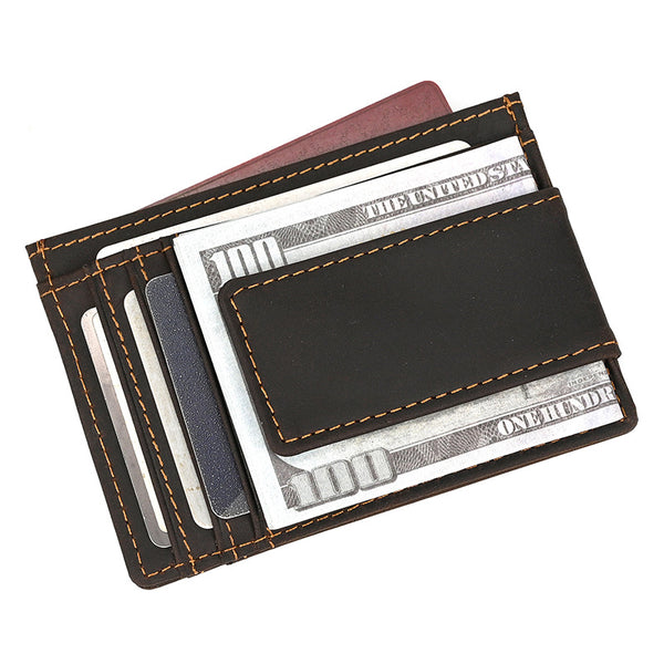 Brown Leather Magnetic Money Clip Wallet 