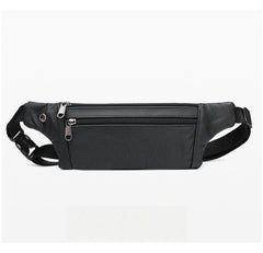 Black leather waist bag full front view with adjustable strap, plain white background