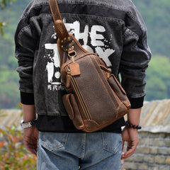 Coffee Leather Sling Bag for Men - Front View