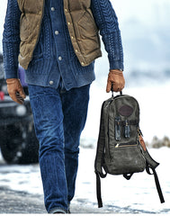 Army Green Canvas Mens Waterproof Slim Backpack Waxed Canvas Backpack for Men