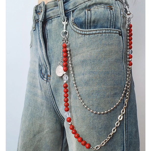 Beaded Wallet Chain Red Turquoise Stone Ball Wallet Chain Double Wallet Chain - iChainWallets
