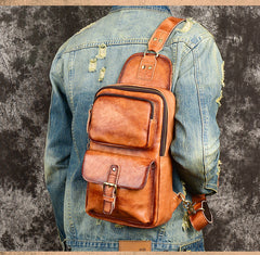 Brown Leather Chest Bag for Men Mens Chest Crossbody Bag Leather Cross Chest Bag Men's - iwalletsmen