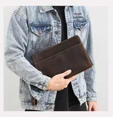 Coffee Leather Clutch Wristlet Large Men's Leather Clutch Purse - iwalletsmen