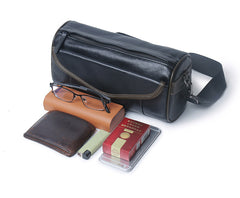 Black Barrel Leather Bag Mens Barrel Crossbody Bag Barrel Shoulder Bag for Men - iwalletsmen
