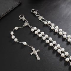 Pearl Wallet Chain Gold Beaded Wallet Chain for Women Double Wallet Chain with Cross - iChainWallets