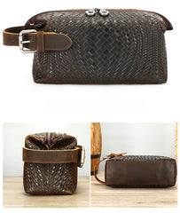 Braided Pattern Leather Toiletry Bag Men's Brown Leather Toiletry Bag Full Grain Leather Toiletry Bag - iwalletsmen