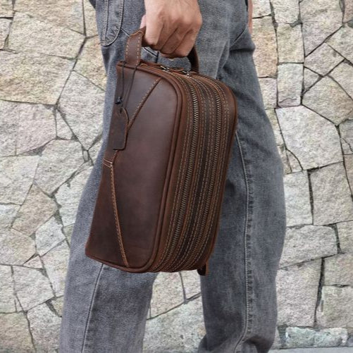 best toiletry bag for travel​ Brown Leather Men's Toiletry Bag Leather Roomy Dopp Kit Clutch Wash Kit - iwalletsmen