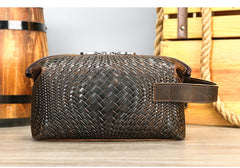 Braided Pattern Leather Toiletry Bag Men's Brown Leather Toiletry Bag Full Grain Leather Toiletry Bag - iwalletsmen