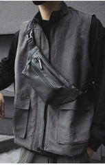 Fashion PU Men's Fanny Pack Trendy Black Waterproof Chest Bag Sport Waist Bag For Men