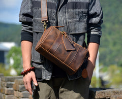 Brown Leather Barrel Crossbody Bag Mens Barrel Leather Bag Small Barrel Shoulder Bag - iwalletsmen