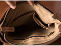 Close up of Leather Vertical Messenger Bag Brown Vertical Crossbody Bag for Men  iPad Bag 9.7''  Mens 