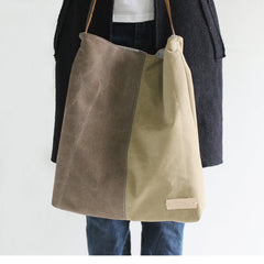 Khaki Canvas Splicing Tote Bag Canvas Womens Handbag Canvas Tote Shoulder Bag for Men Women