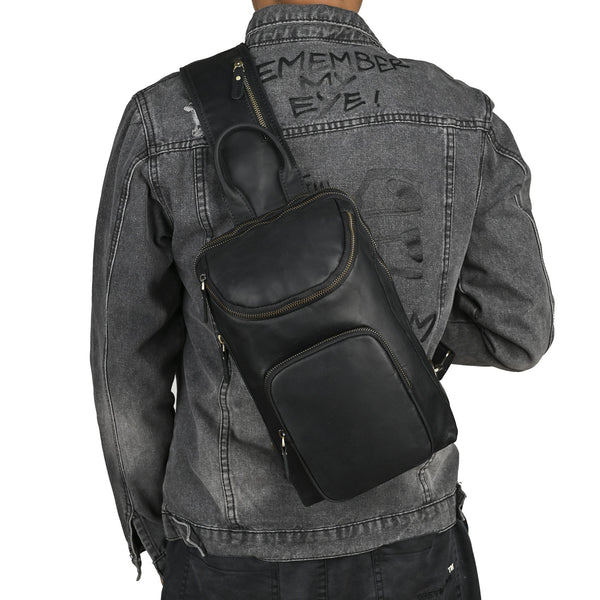 Sling bag for big man - leather texture and stitching detail close-up