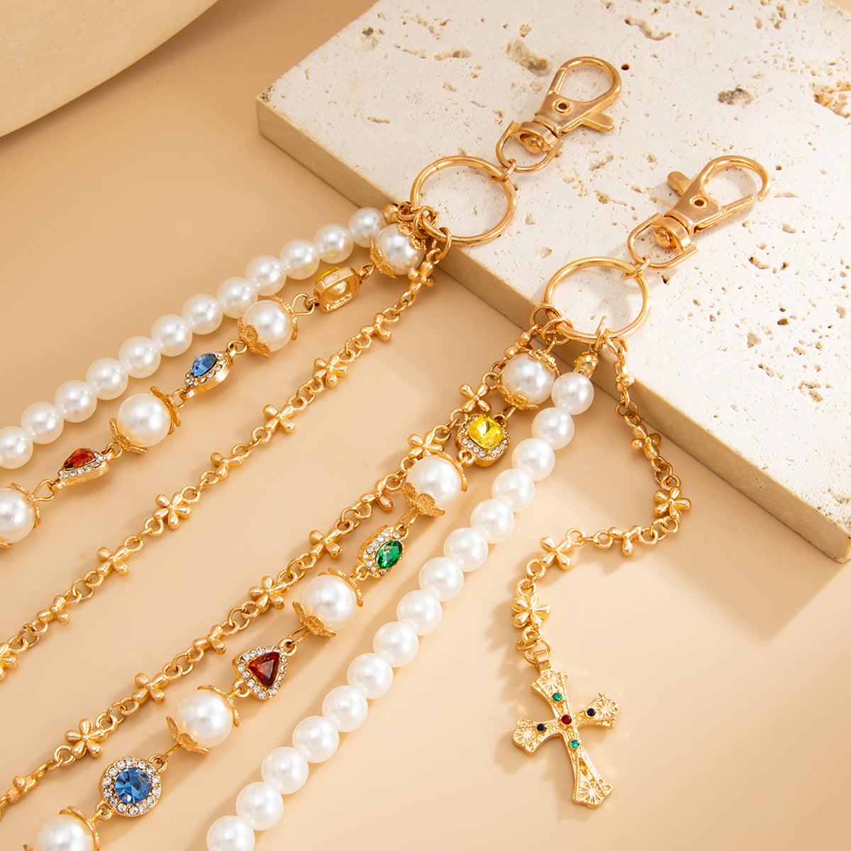 Gold Womens Wallet Chain Pearl Wallet Chain for Women Triple Ball Wallet Chain - iChainWallets