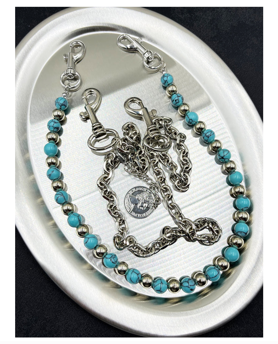 Green Turquoise Beaded Wallet Chain Ball Wallet Chain Double Wallet Chain - iChainWallets