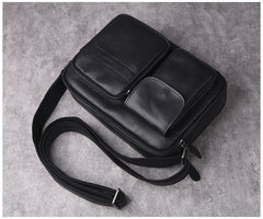 Black Leather Messenger Bag Men's Black Crossbody Bag Small Black Messenger Bag