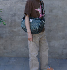 Vintage Blue Denim Messenger Bag - flat lay - iwalletsmen