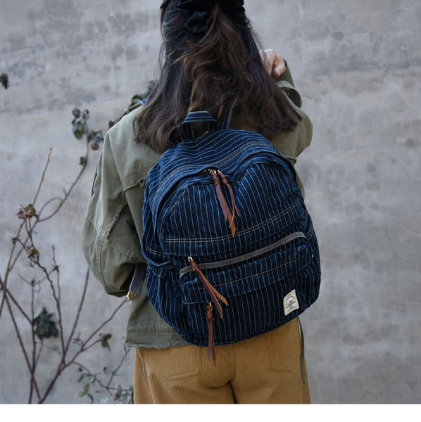 Blue Denim Backpack for Women Striped Jean Backpack Mens Striped Backpack - Feltify