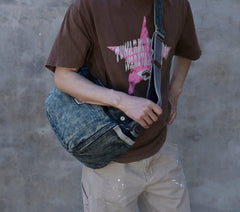 Vintage Blue Denim Messenger Bag - detail - iwalletsmen