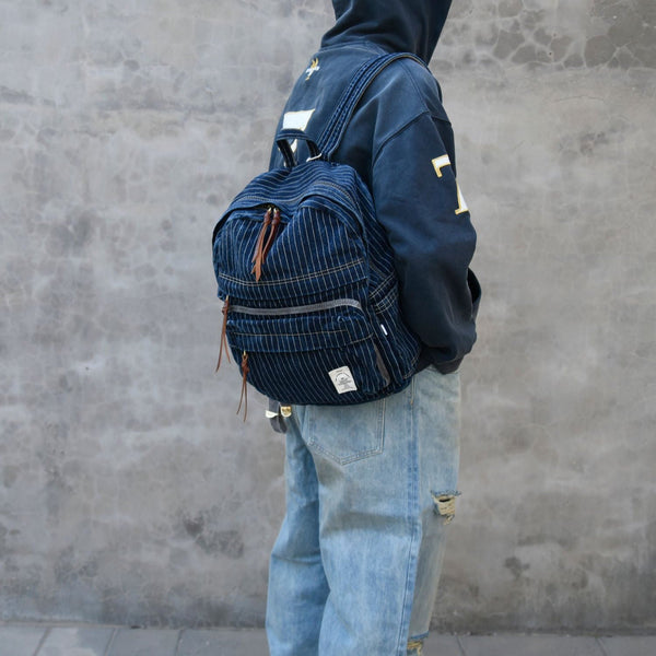 Blue Denim Backpack for Women Striped Jean Backpack Mens Striped Backpack - Feltify