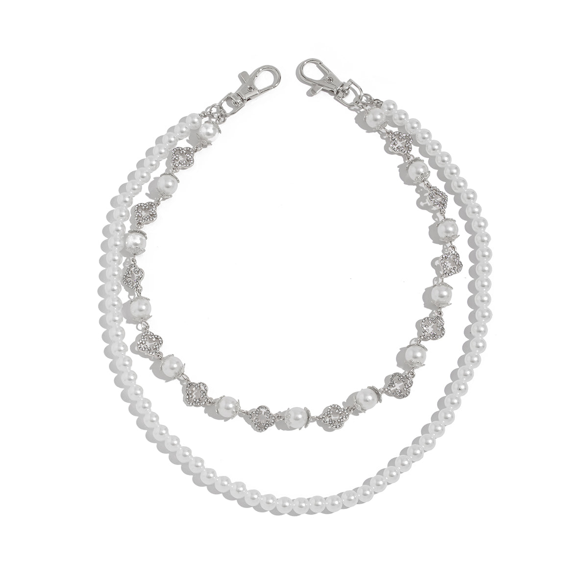 Pearl Wallet Chain Womens Flower Double Wallet Chain Silver Beaded Wallet Chain for Women - iChainWallets