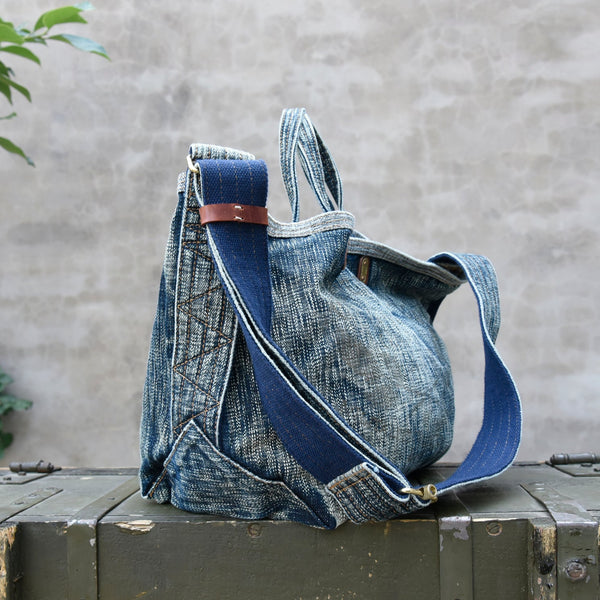 Blue Denim Tote Handbag Washed Denim Tote Bag Stone Washed Denim Tote Shoulder Bag - Feltify