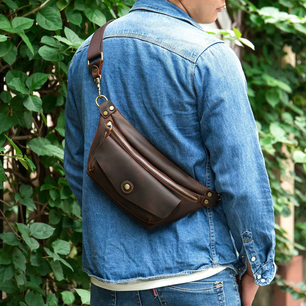 Coffee Leather Fanny Pack for Men - Front View