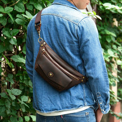 Coffee Leather Fanny Pack for Men - Front View