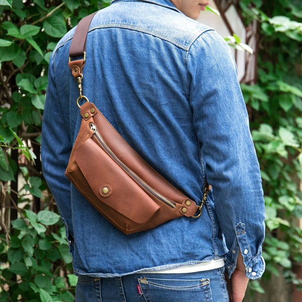 Brown Leather Fanny Pack for Men - Front View