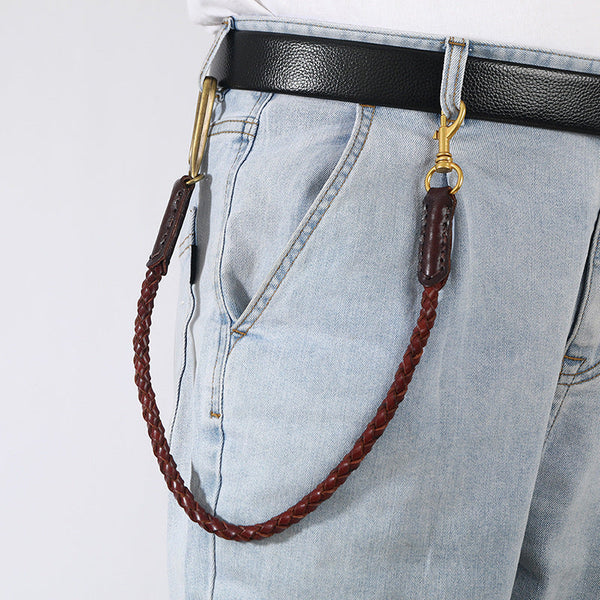 Cool Leather Braided Biker Wallet Chains With Hook Handmade Leather Pants Chain For Men