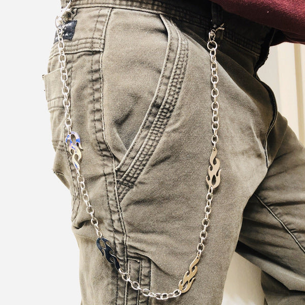 Cool Silver Flame Wallet Chains Silver Long Flames Biker Pants Chain For Men