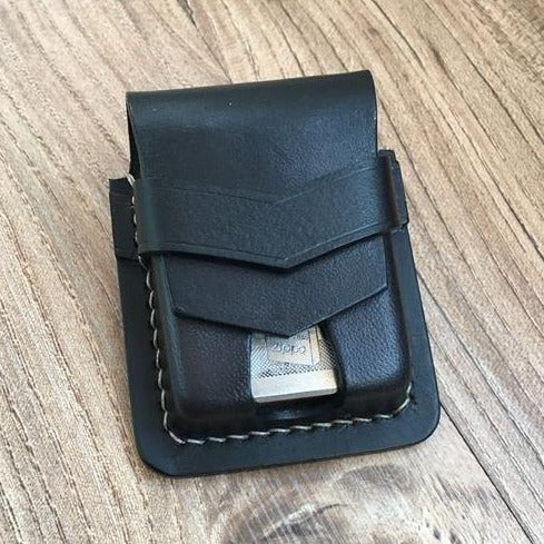 Handmade Black Leather Classic Zippo Lighter Pouch Standard Zippo Lighter Holder with Belt Loop For Men - iwalletsmen