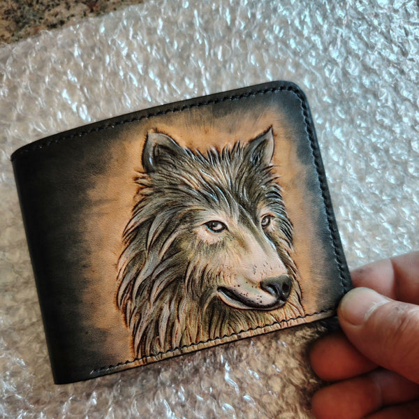 Handmade Leather Wolf Tooled Mens billfold Wallet Cool Leather Wallet Slim Wallet for Men