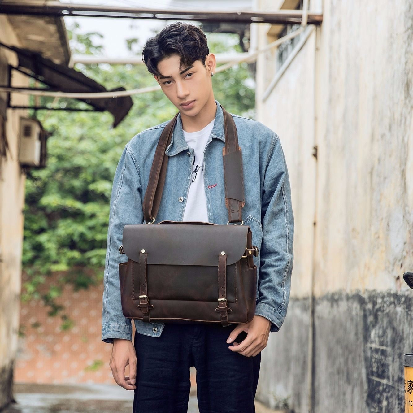 Handmade Leather Mens Cool Messenger Bag Briefcase Work Bag Business Bag Laptop Bag for men