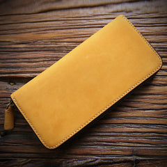 Vintage Mens Zipper Around Yellow Leather Long Wallets Bifold Zipper Long Wallets for Men