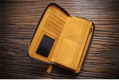 Vintage Mens Zipper Around Yellow Leather Long Wallets Bifold Zipper Long Wallets for Men