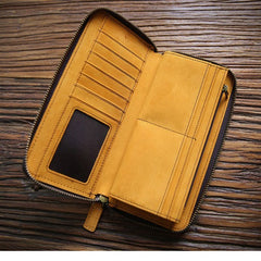 Vintage Mens Zipper Around Yellow Leather Long Wallets Bifold Zipper Long Wallets for Men