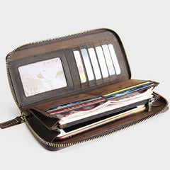 Vintage Mens Zipper Around Brown Leather Long Wallets Bifold Zipper Long Wallets for Men