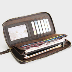 Vintage Mens Zipper Around Coffee Leather Long Wallets Bifold Zipper Long Wallets for Men