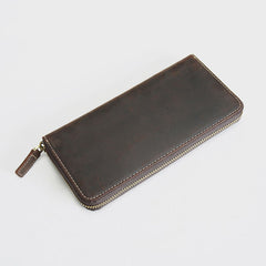 Vintage Mens Zipper Around Brown Leather Long Wallets Bifold Zipper Long Wallets for Men