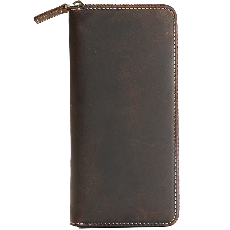 Vintage Mens Zipper Around Brown Leather Long Wallets Bifold Zipper Long Wallets for Men